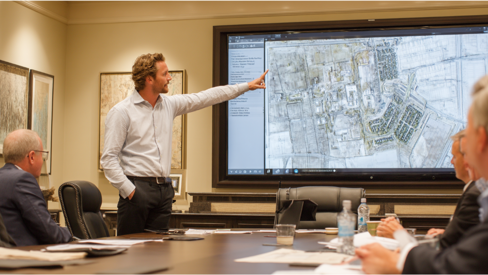 Real estate developer presenting a large zoning map to a group in a boardroom, pointing at land planning visuals on a digital screen.