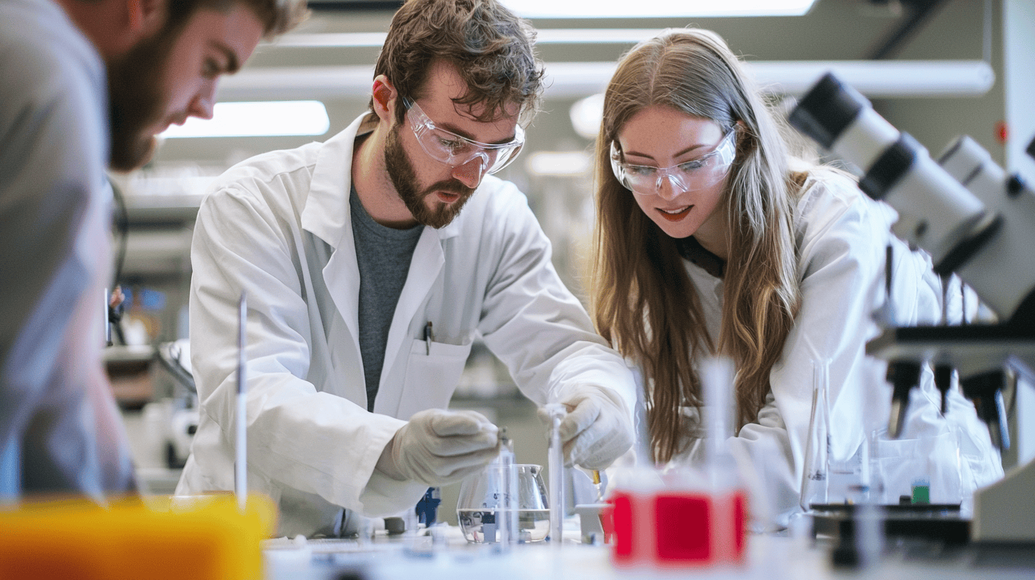 Scientists in lab coats conducting experiments at a laboratory workstation.